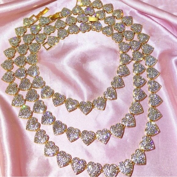 Gold Plated Heart Crystal Necklace Paved, Ice Out, Bling, Choker - Picture 8 of 14